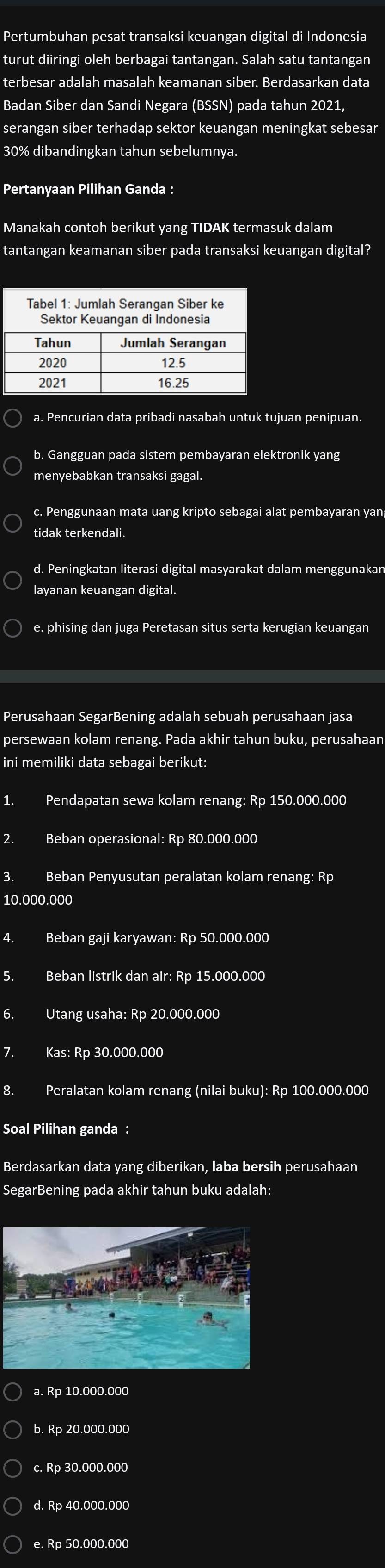 Pertumbuhan pesat transaksi keuangan digital di Indonesia
turut diiringi oleh berbagai tantangan. Salah satu tantangan
terbesar adalah masalah keamanan siber. Berdasarkan data
Badan Siber dan Sandi Negara (BSSN) pada tahun 2021,
serangan siber terhadap sektor keuangan meningkat sebesar
30% dibandingkan tahun sebelumnya.
Pertanyaan Pilihan Ganda :
Manakah contoh berikut yang TIDAK termasuk dalam
tantangan keamanan siber pada transaksi keuangan digital?
a. Pencurian data pribadi nasabah untuk tujuan penipuan.
b. Gangguan pada sistem pembayaran elektronik yang
menyebabkan transaksi gagal.
c. Penggunaan mata uang kripto sebagai alat pembayaran yan
tidak terkendali.
d. Peningkatan literasi digital masyarakat dalam menggunakan
layanan keuangan digital.
e. phising dan juga Peretasan situs serta kerugian keuangan
Perusahaan SegarBening adalah sebuah perusahaan jasa
persewaan kolam renang. Pada akhir tahun buku, perusahaan
ini memiliki data sebagai berikut:
1. Pendapatan sewa kolam renang: Rp 150.000.000
2. Beban operasional: Rp 80.000.000
3. Beban Penyusutan peralatan kolam renang: Rp
10.000.000
4. Beban gaji karyawan: Rp 50.000.000
5. Beban listrik dan air: Rp 15.000.000
6. Utang usaha: Rp 20.000.000
7. Kas: Rp 30.000.000
8. Peralatan kolam renang (nilai buku): Rp 100.000.000
Soal Pilihan ganda :
Berdasarkan data yang diberikan, laba bersih perusahaan
SegarBening pada akhir tahun buku adalah:
a. Rp 10.000.000
b. Rp 20.000.000
c. Rp 30.000.000
d. Rp 40.000.000
e. Rp 50.000.000