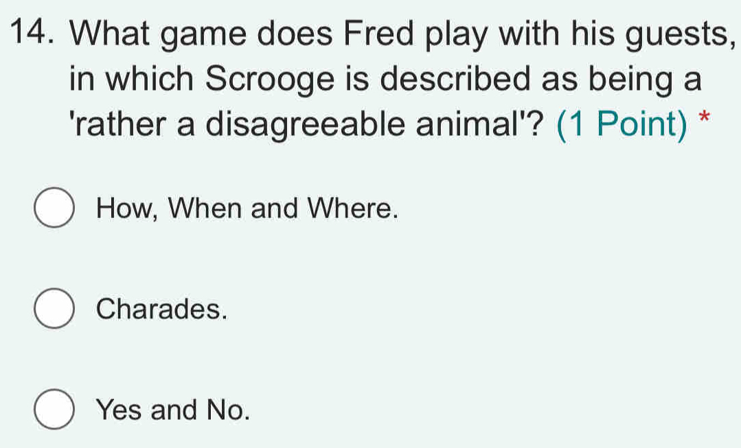 What game does Fred play with his guests,
in which Scrooge is described as being a
'rather a disagreeable animal'? (1 Point) *
How, When and Where.
Charades.
Yes and No.