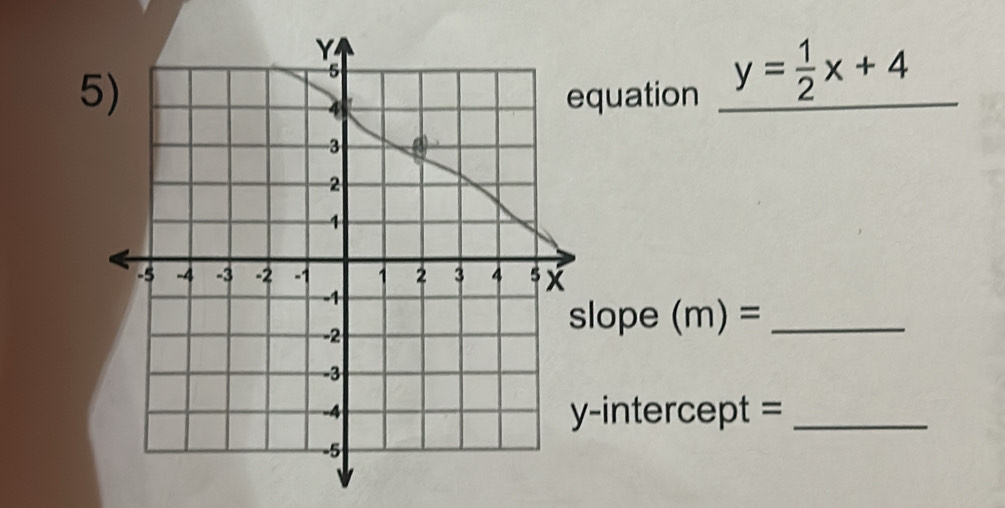 5)quation y= 1/2 x+4
lope (m)= _ 
-intercept =_