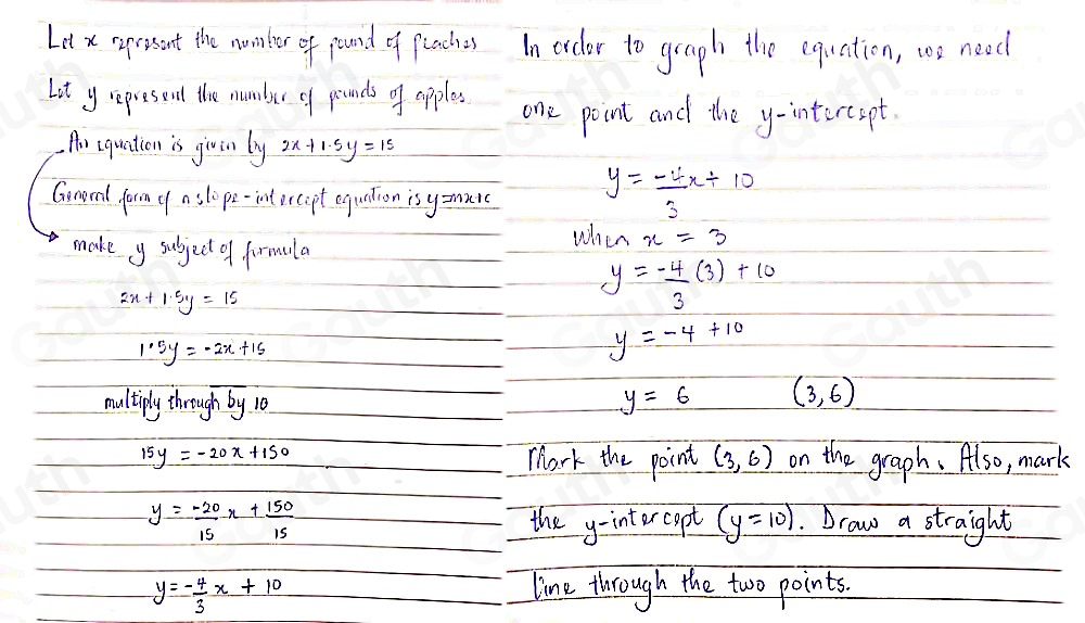 Lex apresnt the nomber of pouid of poches In eicder to graph the equation, wo nead 
Lot y represend the numbur of grunds of apples one point and the y -intercspt. 
Ar equation is giv in by 2x+1.5y=15
Gonooml form f a slope-inticcept equation isyzmurc y=- 4/3 x+10
make y subject of formala 
when x=3
2x+1.5y=15
y=- 4/3 (3)+10
1.5y=-2x+15
y=-4+10
multiply through by 10 y=6 (3,6)
15y=-20x+150 Mhark the point (3,6) on the graph. Also, mark
y= (-20)/15 x+ 150/15  the y -intor copt (y=10). Draw a straight
y=- 4/3 x+10
line through the two points