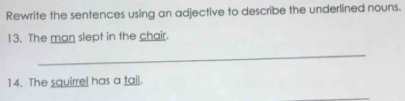 Rewrite the sentences using an adjective to describe the underlined nouns. 
13. The man slept in the chair. 
_ 
14. The squirrel has a fail.