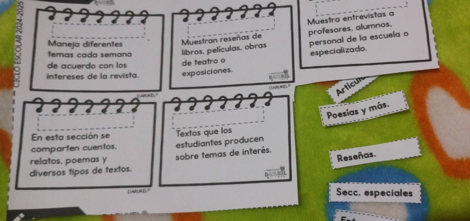 Muestra entrevistas a 
profesores, alumnos, 
Maneja diferentes 
personal de la escuela o 
Muestran reseñas de 
temas cada semana 
libros, películas, obras 
especializado. 
de acuerdo con los de teatro o 
intereses de la revista. 
exposiciones. 
a 
Artículo 
Poesías y más. 
En esta sección se 
Textos que los 
comparten cuentos, 
estudiantes producen 
relatos, poemas y 
sobre temas de interés. 
Reseñas. 
diversos tipos de textos. 
DARUKEL 
Secc. especiales