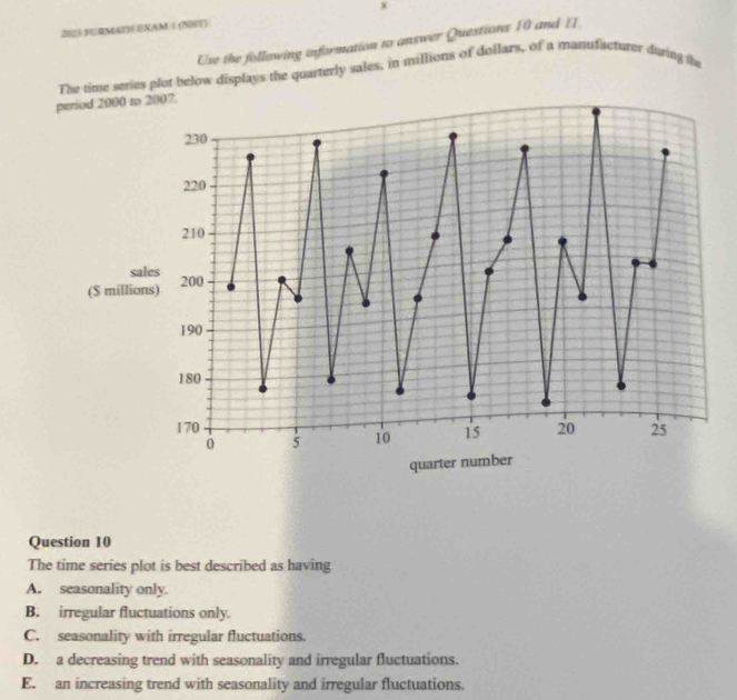 2023 FURMATH EXAM ( (NHT)
Use the follawing information to answer Questions 10 and EI
The time series plot below displays the quarterly sales, in millions of dollars, of a manufsctuter during the
period 2000 to 2007.
230
220
210
sales
(S millions) 200
190
180
170 20 25
0 5 10 15
quarter number
Question 10
The time series plot is best described as having
A. seasonality only.
B. irregular fluctuations only.
C. seasonality with irregular fluctuations.
D. a decreasing trend with seasonality and irregular fluctuations.
E. an increasing trend with seasonality and irregular fluctuations.