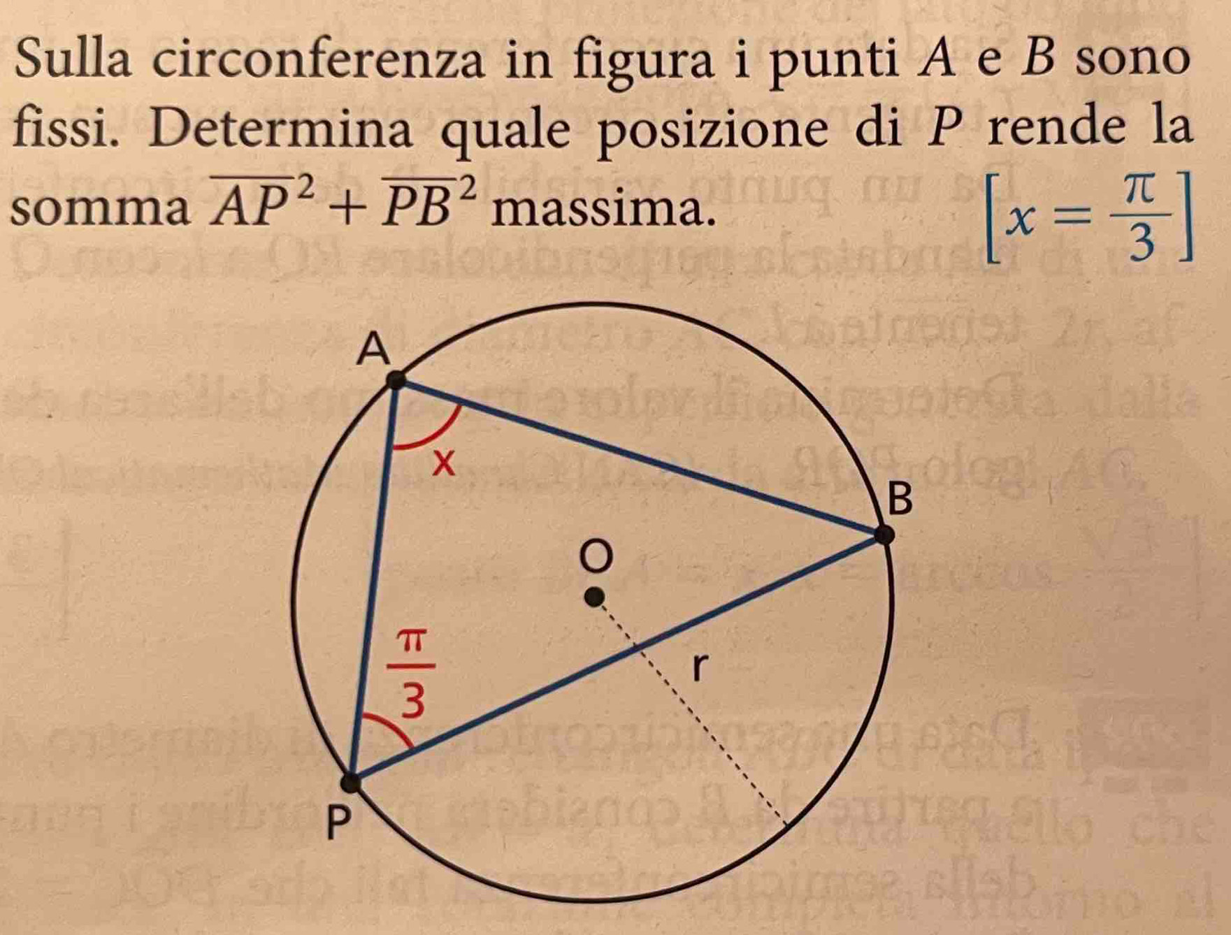 Sulla circonferenza in figura i punti A e B sono
fissi. Determina quale posizione di P rende la
somma overline (AP)^2+overline (PB)^2 massima.
[x= π /3 ]