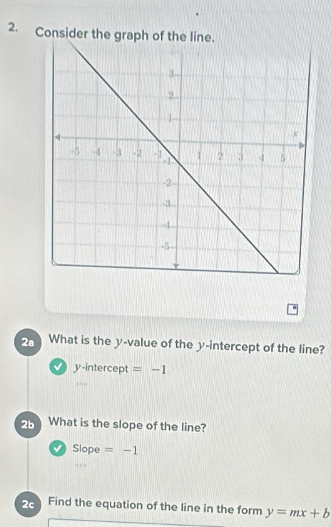 Consider the graph of the line.
2a What is the y -value of the y-intercept of the line?
y-intercept =-1
2b What is the slope of the line?
Slope =-1
2c Find the equation of the line in the form y=mx+b