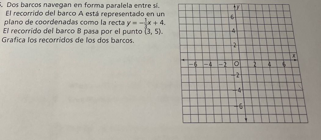 Dos barcos navegan en forma paralela entre sí. 
El recorrido del barco A está representado en un 
plano de coordenadas como la recta y=- 1/3 x+4. 
El recorrido del barco B pasa por el punto (3,5). 
Grafica los recorridos de los dos barcos.