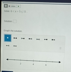 Lister 
Solve 6 . 
Solution □ 
Graph the solution. 
.
0→