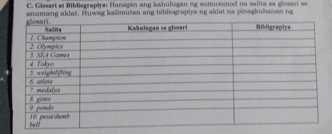 Glosari at Bibliograpiya: Hanapin ang kahulugan ng sumusunod na salita sa glosari sa 
anumang aklat. Huwag kalimutan ang bibliograpiya ng aklat na pinagkuhanan ng