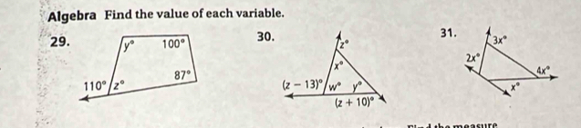 Algebra Find the value of each variable.
29. 30.31.