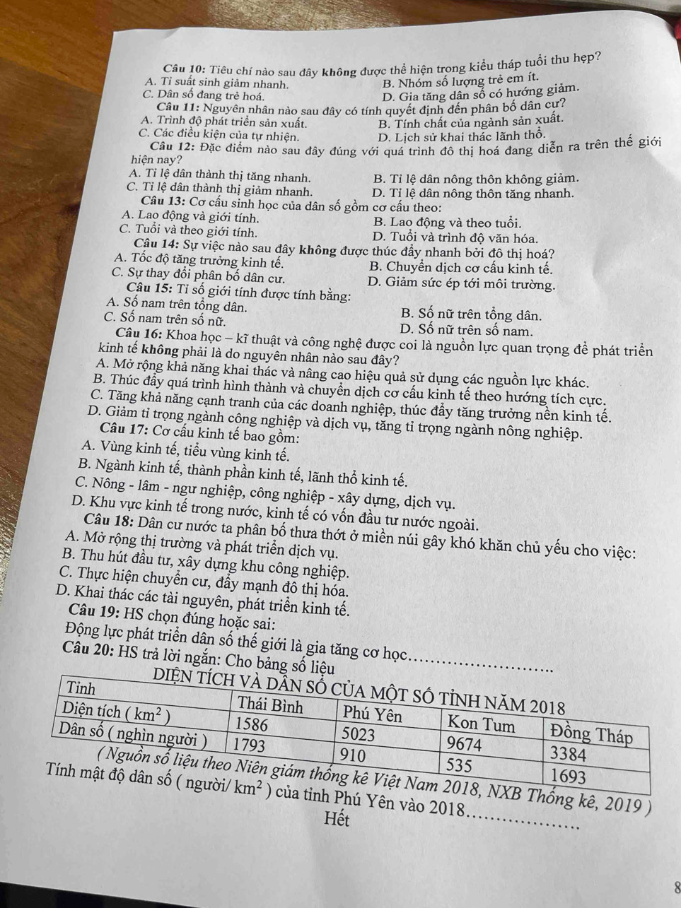 Tiêu chí nào sau đây không được thể hiện trong kiểu tháp tuổi thu hẹp?
A. Tỉ suất sinh giảm nhanh. B. Nhóm số lượng trẻ em ít.
C. Dân số đang trẻ hoá. D. Gia tăng dân số có hướng giảm.
Câu 11: Nguyên nhân nào sau dây có tính quyết định đến phân bố dân cự?
A. Trình độ phát triển sản xuất. B. Tính chất của ngành sản xuất.
C. Các điều kiện của tự nhiện. D. Lịch sử khai thác lãnh thổ.
Cầu 12: Đặc điểm nào sau đây đúng với quá trình đô thị hoá đang diễn ra trên thế giới
hiện nay?
A. Tỉ lệ dân thành thị tăng nhanh. B. Tỉ lệ dân nông thôn không giảm.
C. Tỉ lệ dân thành thị giảm nhanh. D. Tỉ lệ dân nông thôn tăng nhanh.
Câu 13: Cơ cấu sinh học của dân số gồm cơ cấu theo:
A. Lao động và giới tính. B. Lao động và theo tuổi.
C. Tuổi và theo giới tính. D. Tuổi và trình độ văn hóa.
Câu 14: Sự việc nào sau đây không được thúc đẩy nhanh bởi đô thị hoá?
A. Tốc độ tăng trưởng kinh tế. B. Chuyển dịch cơ cấu kinh tế.
C. Sự thay đổi phân bố dân cư. D. Giảm sức ép tới môi trường.
Câu 15: Tỉ số giới tính được tính bằng:
A. Số nam trên tổng dân. B. Số nữ trên tổng dân.
C. Số nam trên số nữ. D. Số nữ trên số nam.
Câu 16: Khoa học - kĩ thuật và công nghệ được coi là nguồn lực quan trọng để phát triển
kinh tế không phải là do nguyên nhân nào sau đây?
A. Mở rộng khả năng khai thác và nâng cao hiệu quả sử dụng các nguồn lực khác.
B. Thúc đầy quá trình hình thành và chuyền dịch cơ cấu kinh tế theo hướng tích cực.
C. Tăng khả năng cạnh tranh của các doanh nghiệp, thúc đẩy tăng trưởng nền kinh tế.
D. Giảm tỉ trọng ngành công nghiệp và dịch vụ, tăng tỉ trọng ngành nông nghiệp.
Câu 17: Cơ cấu kinh tế bao gồm:
A. Vùng kinh tế, tiểu vùng kinh tế.
B. Ngành kinh tế, thành phần kinh tế, lãnh thổ kinh tế.
C. Nông - lâm - ngư nghiệp, công nghiệp - xây dựng, dịch vụ.
D. Khu vực kinh tế trong nước, kinh tế có vốn đầu tư nước ngoài.
Câu 18: Dân cư nước ta phân bố thưa thớt ở miền núi gây khó khăn chủ yếu cho việc:
A. Mở rộng thị trường và phát triển dịch vụ.
B. Thu hút đầu tư, xây dựng khu công nghiệp.
C. Thực hiện chuyển cư, đầy mạnh đô thị hóa.
D. Khai thác các tài nguyên, phát triển kinh tế.
Câu 19: HS chọn đúng hoặc sai:
Động lực phát triển dân số thế giới là gia tăng cơ học.
Câu 20: HS trả lời ngắn: Cho bảng số liệu
_
, 2019 )
ên vào 2018
Hết
8