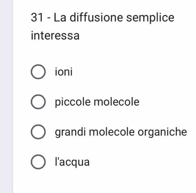 La diffusione semplice
interessa
ioni
piccole molecole
grandi molecole organiche
l'acqua