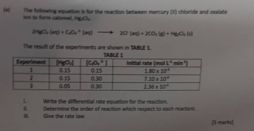 The following equation is for the reaction between mercury (II) chloride and oxalate
ion to form calomel, Hg_2O_2
2HgCl_3(aq)+C_2O_4^((2-)(aq)to 2C(aq)+2CO_2)(g)+Hg_2O_2(s)
The result of the experiments are shown in TABLE 1.
L Write the differential rate equation for the reaction.
Determine the order of reaction which respect to each reactant.
Give the rate law.
[5 marks]