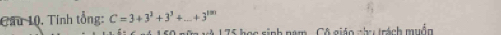 Cầu 10. Tính tổng: C=3+3^3+3^3+_ +3^(100)
1 75 họo sinh nam . Cá giáo thu tránh muồn