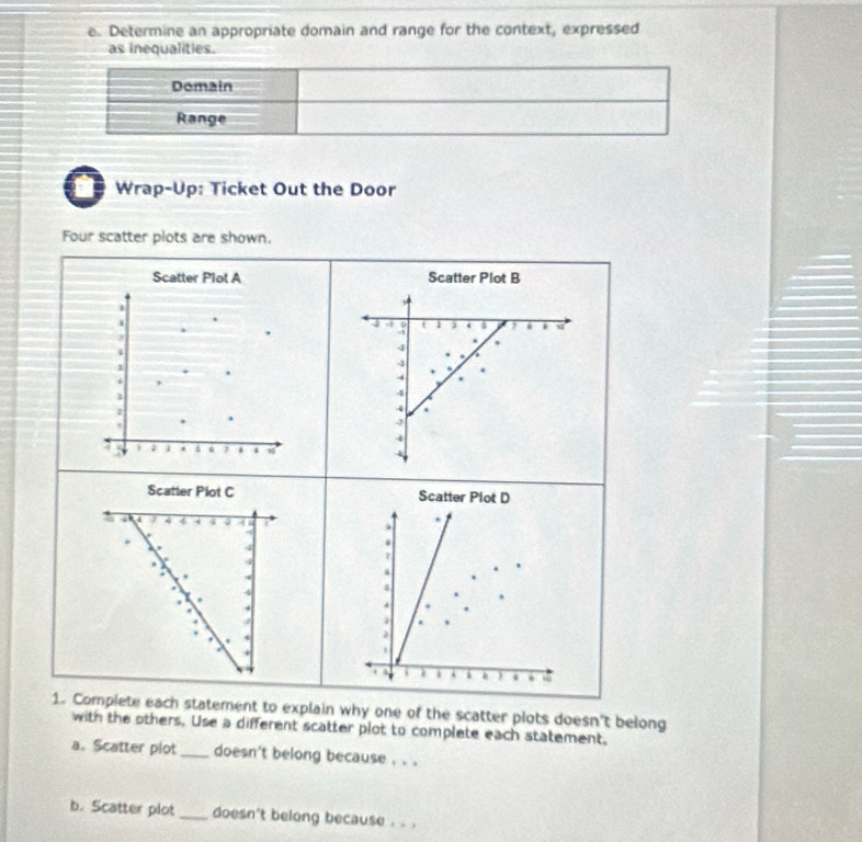 Determine an appropriate domain and range for the context, expressed 
as inequalities. 
Domain 
Range 
I Wrap-Up: Ticket Out the Door 
Four scatter plots are shown. 
Scatter Plot A Scatter Plot B 
.
4 9 i 1 4 , *
2
4.
4. 
.
4
1
4
2
4.
4
: 3 . i 4
Scatter Plot C Scatter Plot D 
. 
.
4
4
4. 
. i 
1. Complete each statement to explain why one of the scatter plots doesn't belong 
with the others. Use a different scatter plot to complete each statement. 
a. Scatter plot_ doesn't belong because . . . 
b. Scatter plot_ doesn't belong because . . .