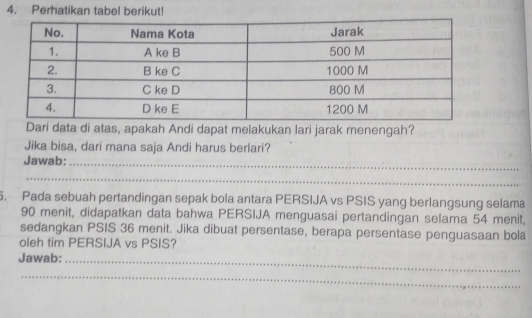 Perhatikan tabel berikut! 
Dari data di atas, apakah Andi dapat melakukan lari jarak menengah? 
Jika bisa, dari mana saja Andi harus berlari? 
Jawab:_ 
_ 
5. Pada sebuah pertandingan sepak bola antara PERSIJA vs PSIS yang berlangsung selama
90 menit, didapatkan data bahwa PERSIJA menguasai pertandingan selama 54 menit, 
sedangkan PSIS 36 menit. Jika dibuat persentase, berapa persentase penguasaan bola 
oleh tim PERSIJA vs PSIS? 
Jawab:_ 
_