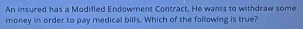 An insured has a Modified Endowment Contract. He wants to withdraw some 
money in order to pay medical bills. Which of the following is true?