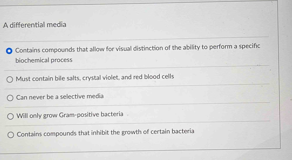 A differential media
Contains compounds that allow for visual distinction of the ability to perform a specific
biochemical process
Must contain bile salts, crystal violet, and red blood cells
Can never be a selective media
Will only grow Gram-positive bacteria
Contains compounds that inhibit the growth of certain bacteria