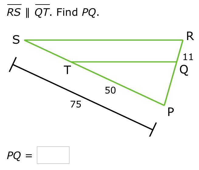 overline RS||overline QT. . Find PQ.
PQ=□