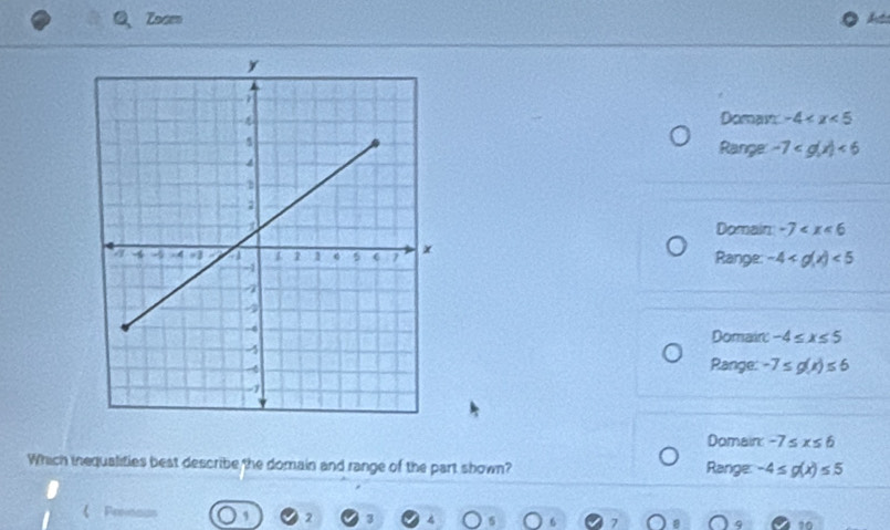 Zoom
Doman -4
Range -7 <6</tex>
Domain -7
Range: -4 <5</tex>
Domain -4≤ x≤ 5
Range: -7≤ g(x)≤ 6
Domain -7≤ x≤ 6
Which inequalities best describe the domain and range of the part shown? Range: -4≤ g(x)≤ 5
Prenous 5 2 3 4 5 7
10