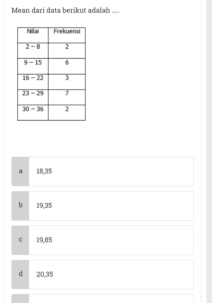 Mean dari data berikut adalah ....
a 18,35
b 19,35
c 19,85
d 20,35