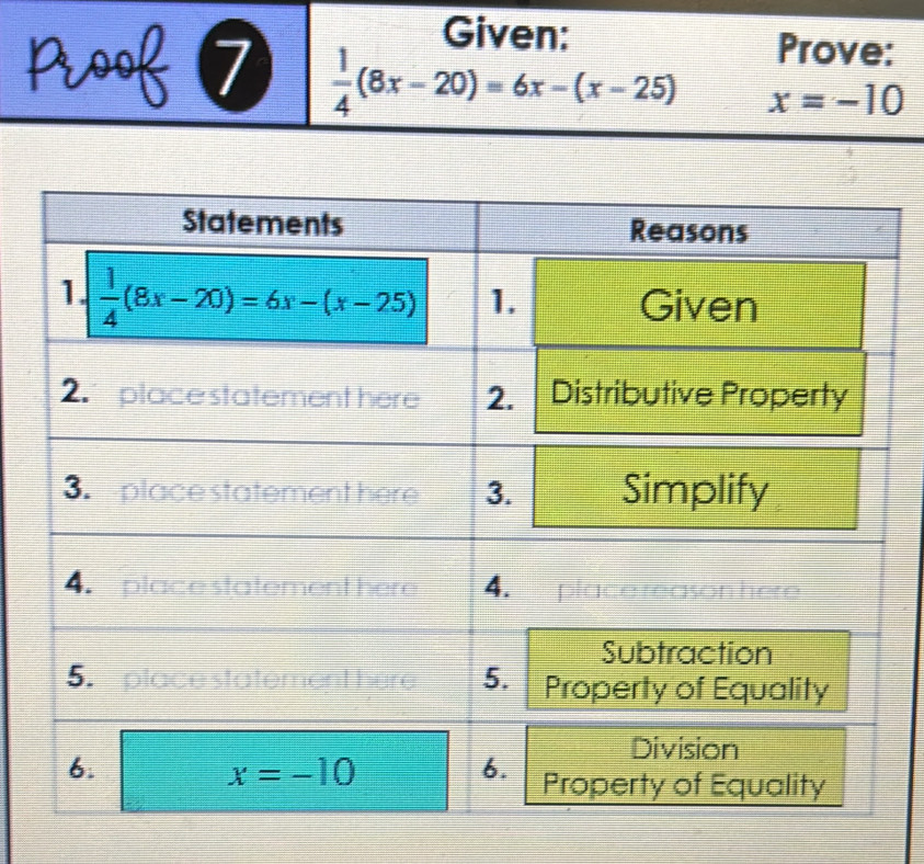 Given:
Prove:
OK 7  1/4 (8x-20)=6x-(x-25) x=-10