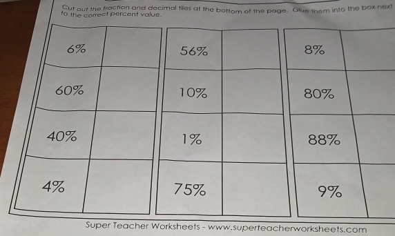 Cut out the fraction and decimal tiles at the bottom of the page. Glue them into the box next 
to the correct percent value.
56%
10%
1%
75%
Super Teacher Worksheets - www.superteacherworksheets.com