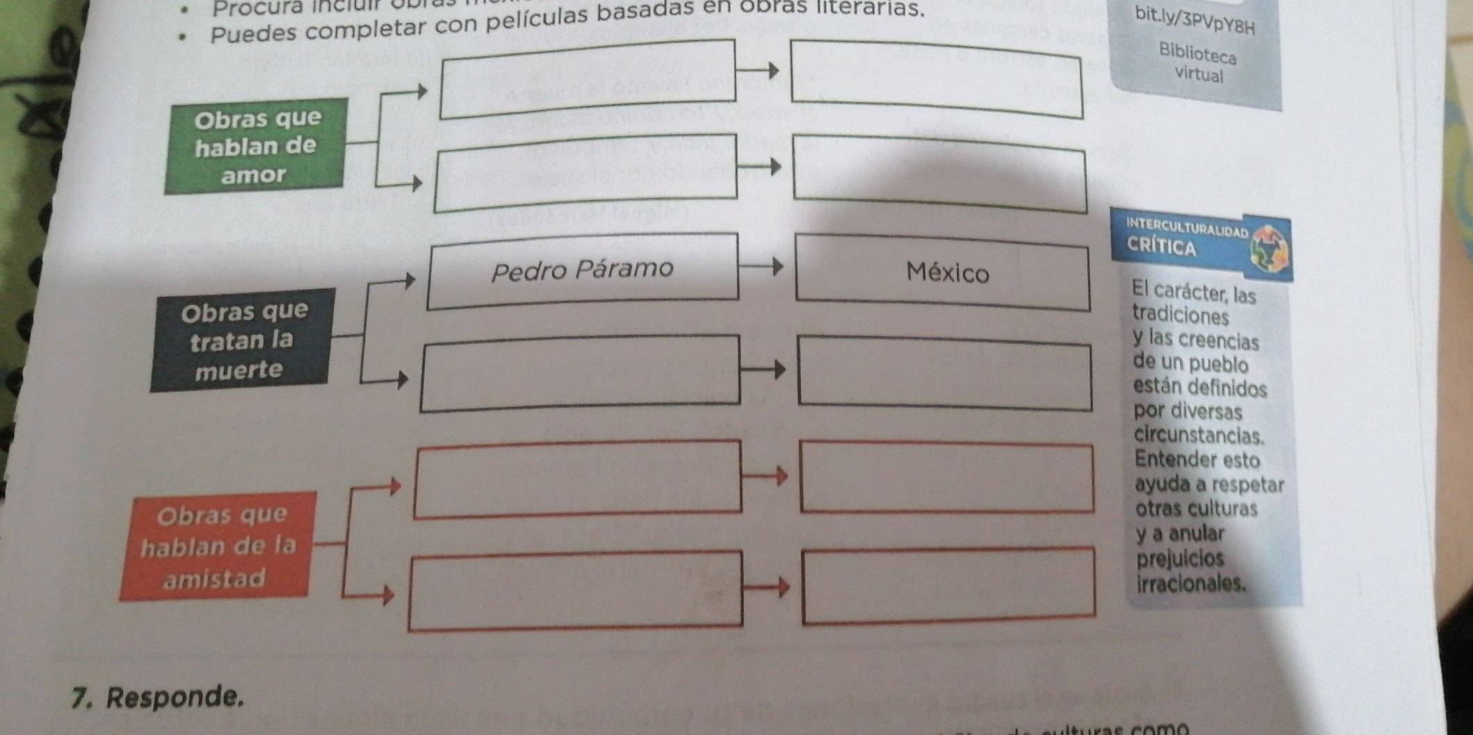 Procura incluir obi 
Puedes completar con películas basadas en obras literarias, bit.ly/3PVpY8H 
Biblioteca 
virtual 
Obras que 
hablan de 
amor 
INTERCULTURALIDAD 
crítica 
Pedro Páramo México 
El carácter, las 
Obras que tradiciones 
tratan la y las creencias 
muerte 
de un pueblo 
están definidos 
por diversas 
circunstancias. 
Entender esto 
ayuda a respetar 
Obras que otras culturas 
hablan de la 
y a anular 
amistad prejuicios 
irracionales. 
7. Responde.