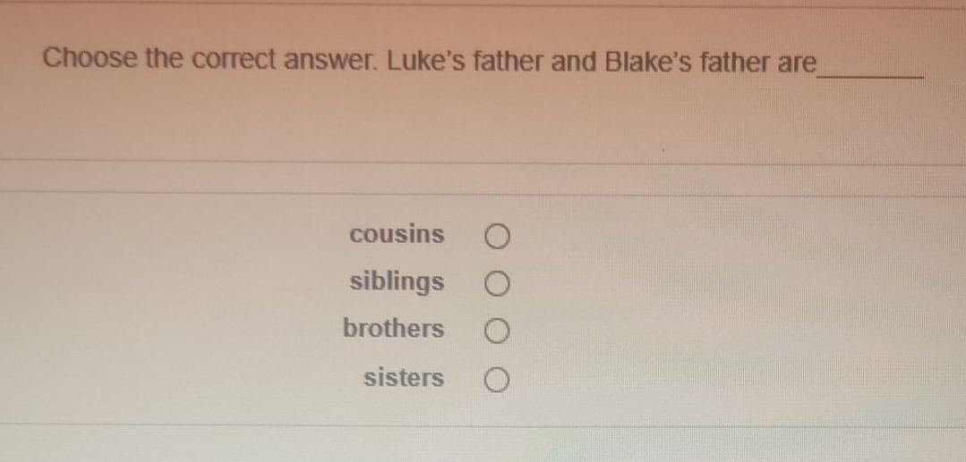 Choose the correct answer. Luke's father and Blake's father are
cousins
siblings
brothers
sisters