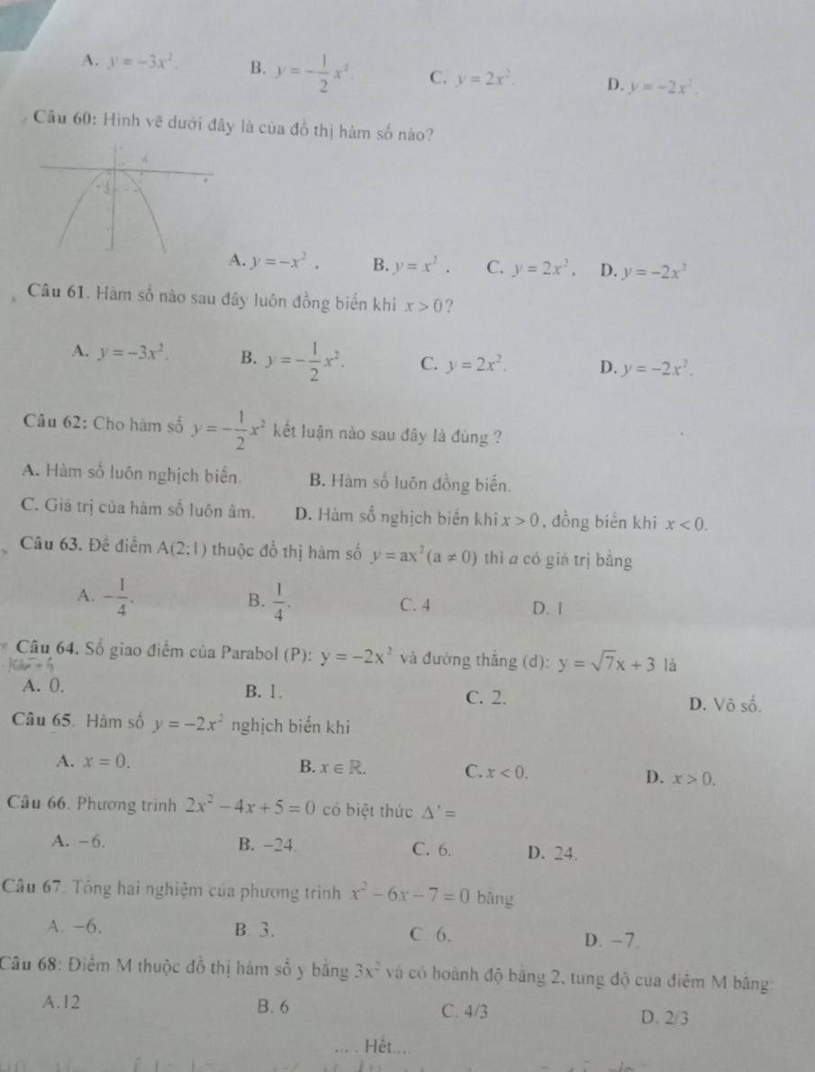 A. y=-3x^2. B. y=- 1/2 x^2. C. y=2x^2. D. y=-2x^2.
Cầu 60: Hình vẽ dưới đây là của d6 thị hàm số nào?
A. y=-x^2. B. y=x^2. C. y=2x^2. D. y=-2x^2
Câu 61. Hàm số nào sau đây luôn đồng biến khi x>0 ?
A. y=-3x^2. B. y=- 1/2 x^2. C. y=2x^2. D. y=-2x^2.
Câu 62: Cho hàm số y=- 1/2 x^2 kết luận nào sau đây là đùng ?
A. Hàm số luôn nghịch biến. B. Hàm số luôn đồng biến.
C. Giả trị của hàm số luôn âm. D. Hàm số nghịch biến khi x>0 , đồng biển khi x<0.
Câu 63. Đề điểm A(2;1endpmatrix thuộc đồ thị hàm số y=ax^2(a!= 0) thì a có giá trị bằng
B.
A. - 1/4 .  1/4 . C. 4 D. 1
* Câu 64. Số giao điểm của Parabol (P): y=-2x^2 và đường thẳng (d): y=sqrt(7)x+3 là
A. 0. B. 1 . C. 2. D. Vhat oshat o.
Câu 65. Hàm số y=-2x^2 nghịch biến khi
A. x=0.
B. x∈ R. C. x<0. D. x>0.
Câu 66. Phương trình 2x^2-4x+5=0 có biệt thức △ '=
A. − 6. B. -24. C. 6. D. 24.
Câu 67. Tông hai nghiệm của phương trình x^2-6x-7=0 bāng
A. −6. B. 3. C. 6. D. −7.
Câu 68: Điểm M thuộc đồ thị hám shat 0 y bằng 3x^2 và có hoành độ bằng 2, tung độ của điểm M bảng
A.12 B. 6 C. 4/3
D. 2/3
Hết....