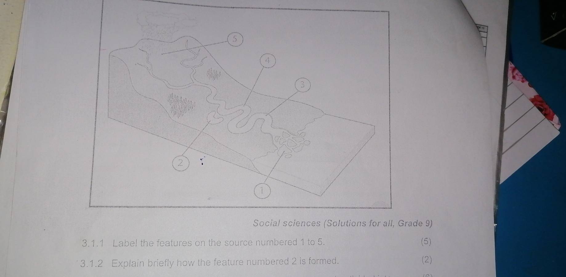 ade 9) 
3.1.1 Label the features on the source numbered 1 to 5. (5) 
3.1.2 Explain briefly how the feature numbered 2 is formed. (2)