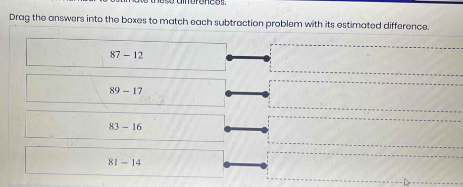 se aiérences.
Drag the answers into the boxes to match each subtraction problem with its estimated difference.
87-12
89-17
83-16
81-14