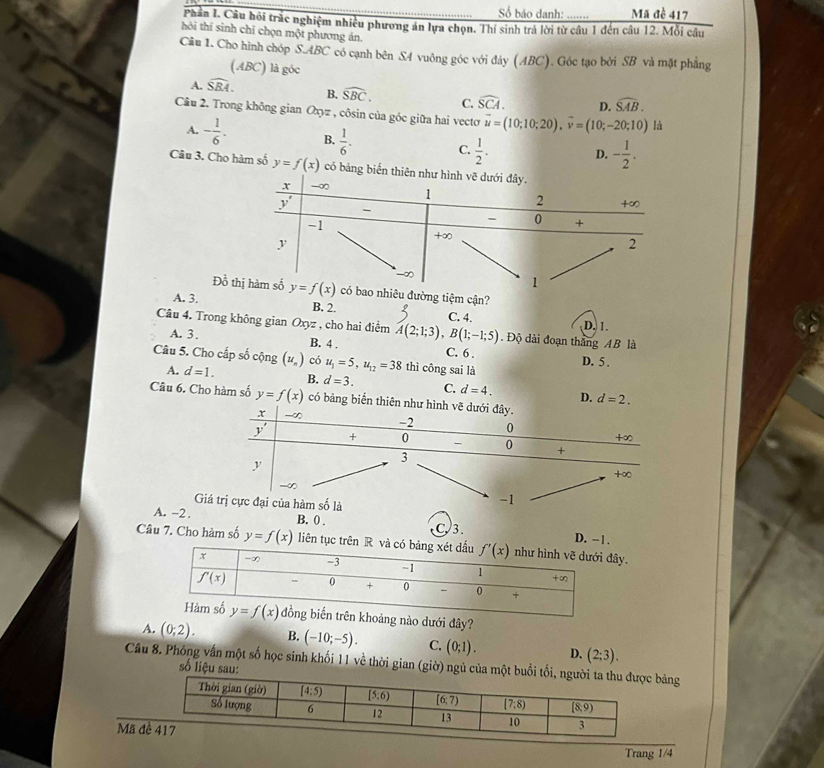 Số báo danh: …. Mã đè 417
Phần I. Câu hỏi trắc nghiệm nhiều phương án lựa chọn. Thí sinh trả lời từ câu 1 đến câu 12. Mỗi câu
hỏi thí sinh chỉ chọn một phương án.
Câu 1. Cho hình chóp S.ABC có cạnh bên S4 vuông góc với đáy (ABC). Góc tạo bởi SB và mặt phẳng
(ABC) là góc
A. widehat SBA.
B. overline SBC.
C. widehat SCA. widehat SAB.
D.
Câu 2. Trong không gian Oxyz , côsin của góc giữa hai vectơ vector u=(10;10;20),vector v=(10;-20;10) là
A. - 1/6 . B.  1/6 . C.  1/2 .
D. - 1/2 .
Câu 3. Cho hàm số y=f(x) có bả
Đồđường tiệm cận?
A. 3. B. 2. C. 4.
D. 1.
Câu 4. Trong không gian Oxyz , cho hai điểm A(2;1;3),B(1;-1;5). Độ dài đoạn thắng AB là
A. 3. B. 4 . C. 6 . D. 5 .
Câu 5. Cho cấp số cộng (u_n) có u_1=5,u_12=38 thì công sai là
A. d=1.
B. d=3.
C. d=4. D. d=2.
Câu 6. Cho hàm số y=f(x) có bảng
A. -2 B. 0 . C3. D.
Câu 7. Cho hàm số y=f(x) liây.
ào dưới đây?
A. (0;2). B. (-10;-5). C. (0;1). D. (2;3).
Câu 8. Phóng vấn một số học sinh khối 11 về thời gian (gi bảng số
Mã đ
Trang 1/4