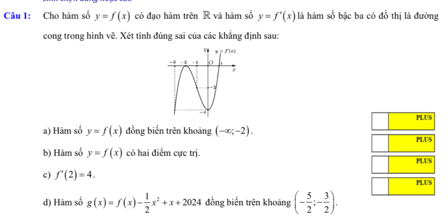 Cho hàm số y=f(x) có đạo hàm trên R và hàm số y=f'(x) là hàm số bậc ba có đồ thị là đường
cong trong hình vẽ. Xét tính đúng sai của các khẳng định sau:
PLUS
a) Hàm số y=f(x) đồng biến trên khoảng (-∈fty ;-2).
PLUS
b) Hàm số y=f(x) có hai điểm cực trị.
PLUS
c) f'(2)=4.
PLUS
d) Hàm số g(x)=f(x)- 1/2 x^2+x+2024 đồng biến trên khoảng (- 5/2 ;- 3/2 ).