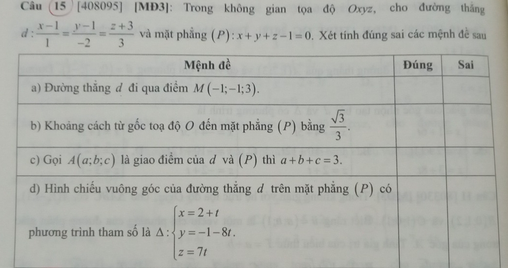 Câu (15  [408095] [MĐ3]: Trong không gian tọa độ Oxyz, cho đường thắng
d :  (x-1)/1 = (y-1)/-2 = (z+3)/3  và mặt phẳng (P): x+y+z-1=0. Xét tính đúng sai các mệnh đề sau