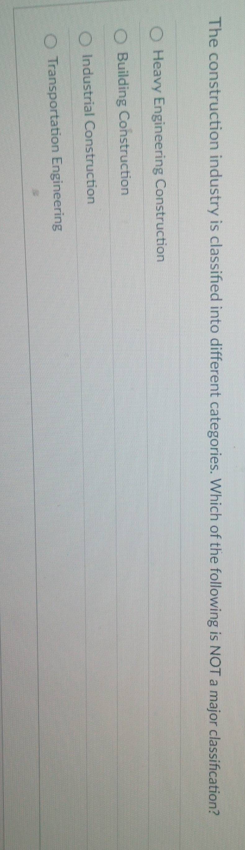 The construction industry is classified into different categories. Which of the following is NOT a major classification?
Heavy Engineering Construction
Building Construction
Industrial Construction
Transportation Engineering