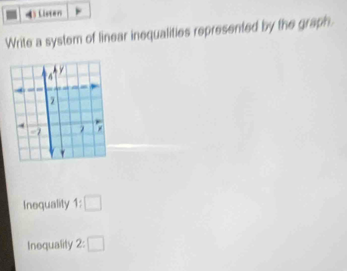 Listen 
Write a system of linear inequalities represented by the graph 
Inequality 1:□
Inequality 2:□