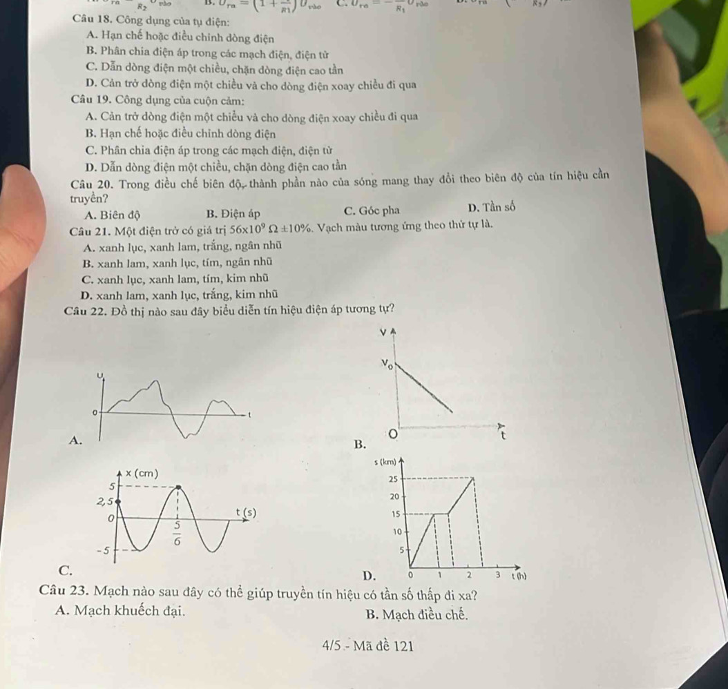 R_2 pào B. U_ra=(1+frac R1)U_rbo C. U_ra=-frac R_1U_rdo (RS)
Câu 18. Công dụng của tụ điện:
A. Hạn chế hoặc điều chỉnh dòng điện
B. Phân chia điện áp trong các mạch điện, điện tử
C. Dẫn dòng điện một chiều, chặn dòng điện cao tần
D. Cản trở dòng điện một chiều và cho dòng điện xoay chiều đi qua
Câu 19. Công dụng của cuộn cảm:
A. Cản trở dòng điện một chiều và cho dòng điện xoay chiều đi qua
B. Hạn chế hoặc điều chỉnh dòng điện
C. Phân chia điện áp trong các mạch điện, điện từ
D. Dẫn dòng điện một chiều, chặn dòng điện cao tần
Câu 20. Trong điều chế biên độ, thành phần nào của sóng mang thay đổi theo biên độ của tín hiệu cần
truyền?
A. Biên độ B. Điện áp C. Góc pha D. Tần số
Câu 21. Một điện trở có giá trị 56* 10^9Omega ± 10%. Vạch màu tương ứng theo thứ tự là.
A. xanh lục, xanh lam, trắng, ngân nhũ
B. xanh lam, xanh lục, tím, ngân nhũ
C. xanh lục, xanh lam, tím, kim nhũ
D. xanh lam, xanh lục, trắng, kim nhũ
Câu 22. Đồ thị nào sau đây biểu diễn tín hiệu điện áp tương tự?
C.
Câu 23. Mạch nào sau đây có thể giúp truyền tín hiệu có tần số thấp đi xa?
A. Mạch khuếch đại. B. Mạch điều chế.
4/5 - Mã đề 121