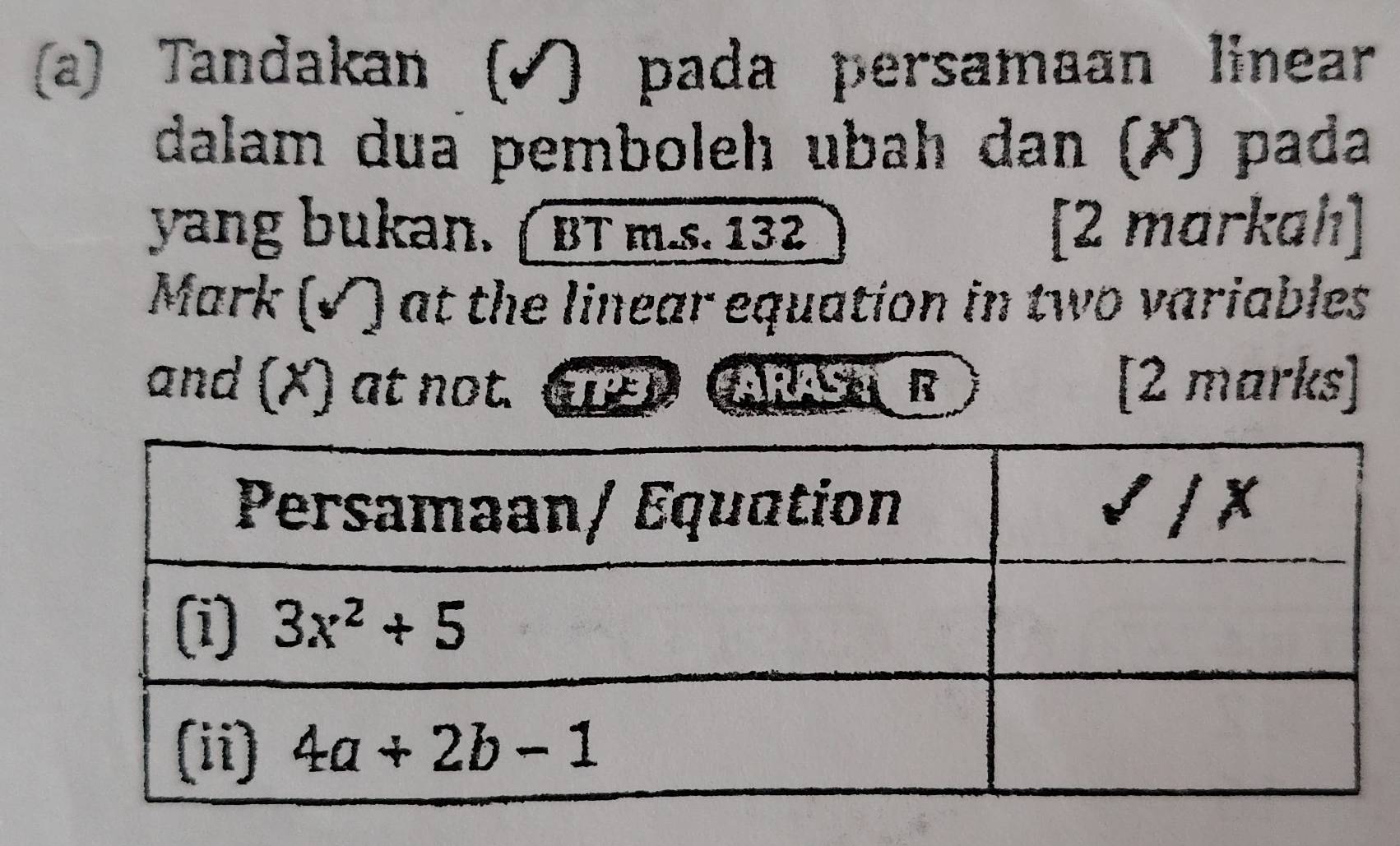 Tandakan (√) pada persamaan linear
dalam dua pemboleh ubah dan (✗) pada
yang bukan. ( BT m.s. 132 [2 markah]
Mark (√) at the linear equation in two variables
and (X) at not. ED ARASE R [2 marks]