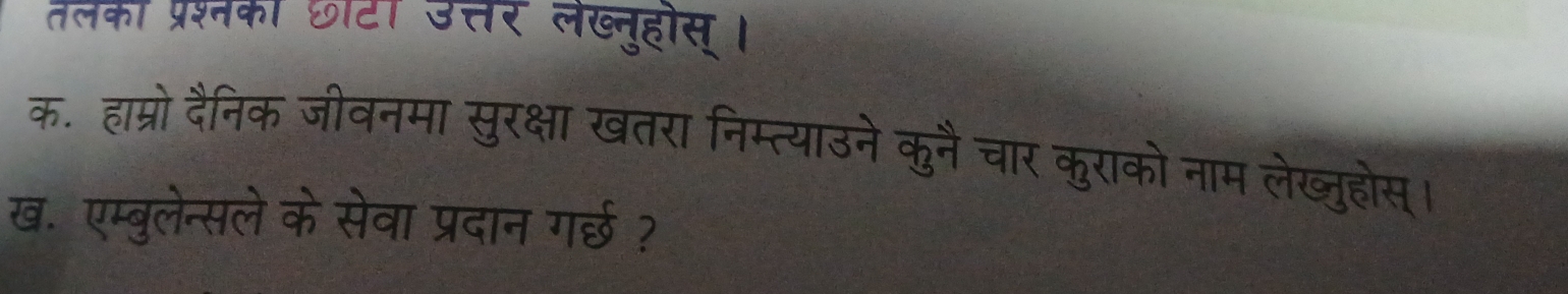 तलका प्रश्नकी छॉटी उत्तर लख्नुहोस् । 
क. हाम्रो दैनिक जीवनमा सुरक्षा खतरा निम्त्याउने कुनै चार कुराको नाम लेख्जुहोस। 
ख. एम्बुलेन्सले के सेवा प्रदान गर्छ ?