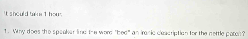 It should take 1 hour. 
1. Why does the speaker find the word "bed" an ironic description for the nettle patch?