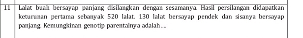 Lalat buah bersayap panjang disilangkan dengan sesamanya. Hasil persilangan didapatkan 
keturunan pertama sebanyak 520 lalat. 130 lalat bersayap pendek dan sisanya bersayap 
panjang. Kemungkinan genotip parentalnya adalah....