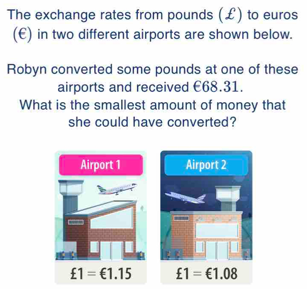 The exchange rates from pounds (£) to euros
(€) in two different airports are shown below.
Robyn converted some pounds at one of these
airports and received €68.31.
What is the smallest amount of money that
she could have converted?
Airport 1