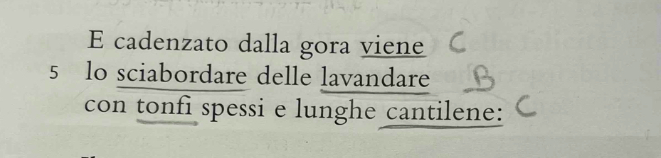 cadenzato dalla gora viene
5 lo sciabordare delle lavandare 
con tonfi spessi e lunghe cantilene: