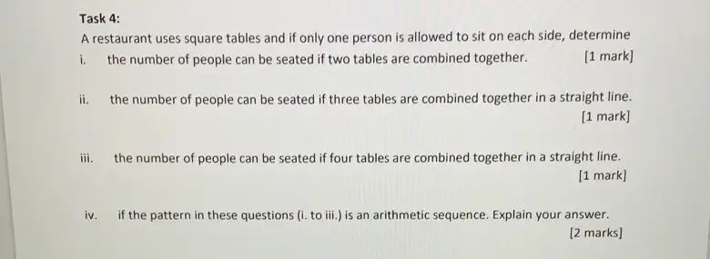 Solved: Task 4: A restaurant uses square tables and if only one person ...