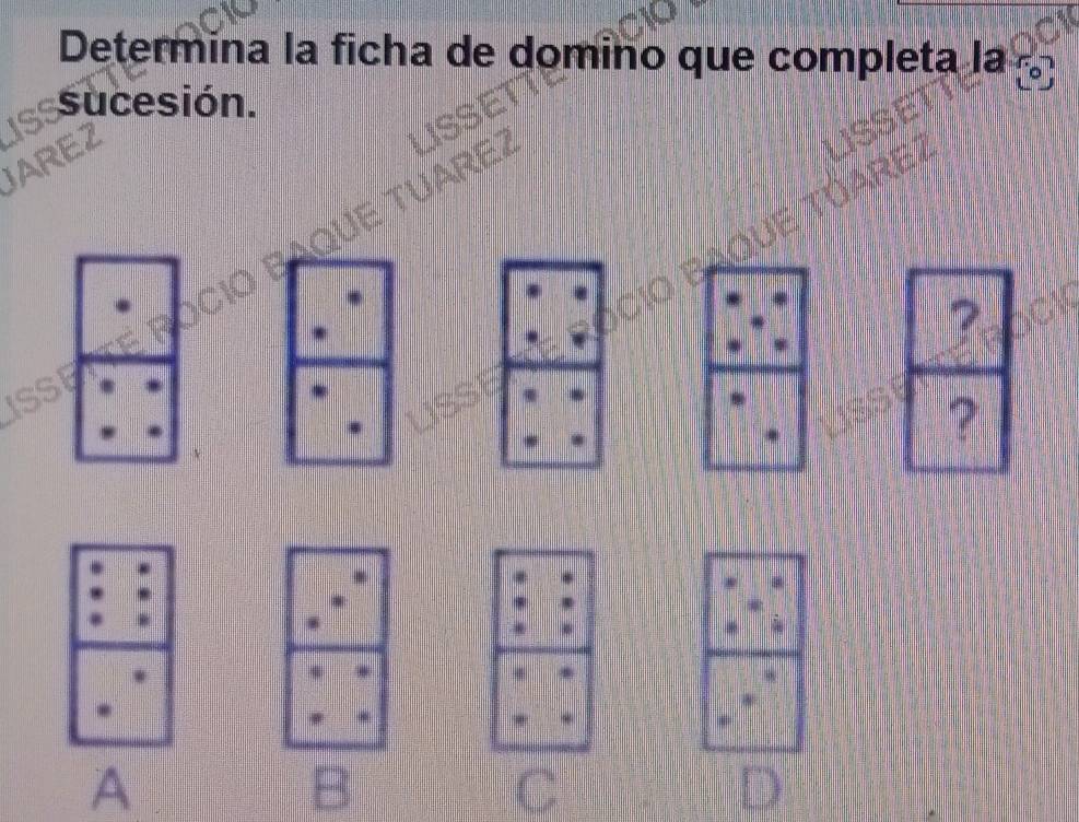 Determina la ficha de domino que completa la 
JAREZ lsssucesión. 
ESET 
? 
? 
A 
C