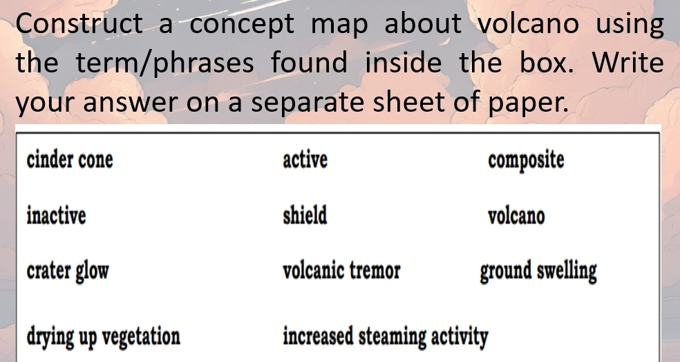 Construct a concept map about volcano using
the term/phrases found inside the box. Write
your answer on a separate sheet of paper.
cinder cone active composite
inactive shield volcano
crater glow volcanic tremor ground swelling
drying up vegetation increased steaming activity