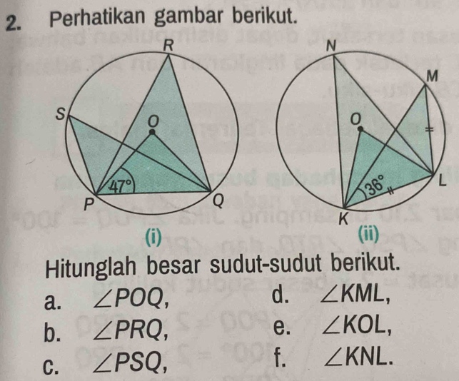 Perhatikan gambar berikut.
(i) (ii)
Hitunglah besar sudut-sudut berikut.
a. ∠ POQ,
d. ∠ KML,
b. ∠ PRQ, e. ∠ KOL,
C. ∠ PSQ,
f. ∠ KNL.