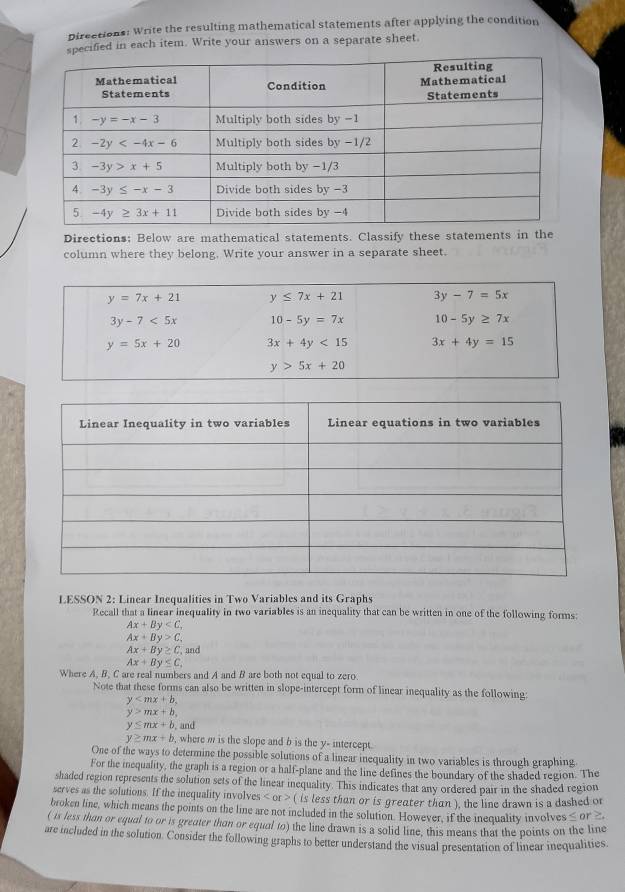 Directions: Write the resulting mathematical statements after applying the condition
pecified in each item. Write your answers on a separate sheet.
Directions; Below are mathematical statements. Classify these statements in the
column where they belong. Write your answer in a separate sheet.
y=7x+21 y≤ 7x+21 3y-7=5x
3y-7<5x</tex> 10-5y=7x 10-5y≥ 7x
y=5x+20 3x+4y<15</tex> 3x+4y=15
y>5x+20
LESSON 2: Linear Inequalities in Two Variables and its Graphs
Recall that a linear inequality in two variables is an inequality that can be written in one of the following forms:
Ax+By
Ax+By>C,
Ax+By≥ C. and
Ax+By≤ C,
Where A. B. C are real numbers and A and B are both not equal to zero
Note that these forms can also be written in slope-intercept form of linear inequality as the following:
y
y>mx+b.
y≤ mx+b , and
y≥ mx+b , where m is the slope and b is the y- intercept.
One of the ways to determine the possible solutions of a linear inequality in two variables is through graphing
For the iequality, the graph is a region or a half-plane and the line defines the boundary of the shaded region. The
shaded region represents the solution sets of the linear inequality. This indicates that any ordered pair in the shaded region
serves as the solutions. If the inequality involves ( is less than or is greater than ), the line drawn is a dashed or
broken line, which means the points on the line are not included in the solution. However, if the inequality involves < or >
( is less than or equal to or is greater than or equal to) the line drawn is a solid line, this means that the points on the line
are included in the solution. Consider the following graphs to better understand the visual presentation of linear inequalities.