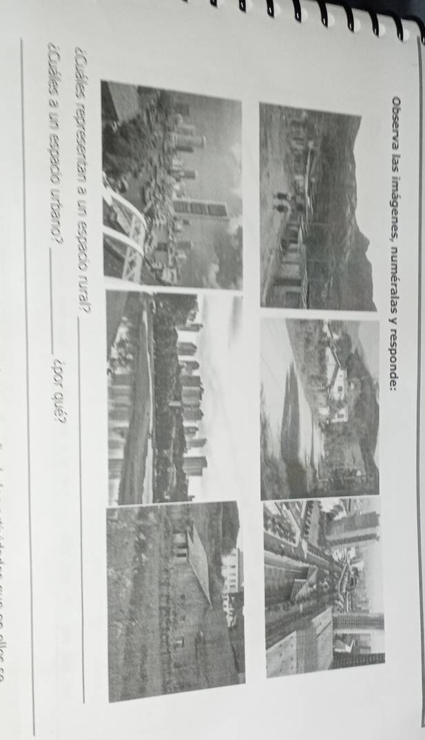 Observa las imágenes, numéralas y responde: 
¿Cuáles representan a un espacio rural?_ 
¿Cuáles a un espacío urbano?_ ¿por qué? 
_