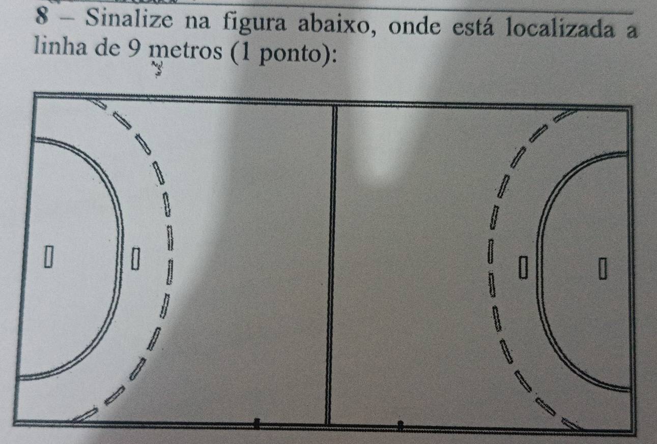 Sinalize na figura abaixo, onde está localizada a 
linha de 9 metros (1 ponto):